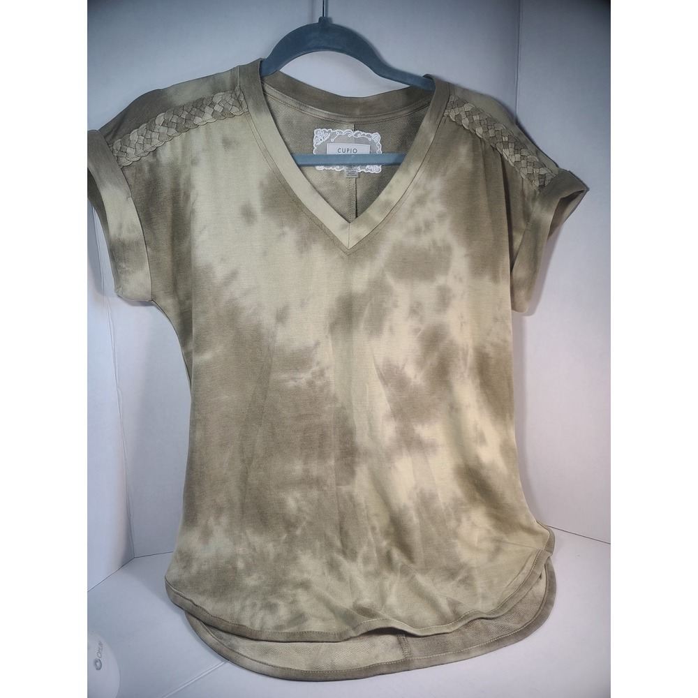 Cupio Tie Dye V-Neck Top Olive Tan Braided Shoulder Cuffed Sleeve Cottagecore XS